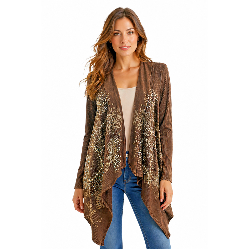Vocal Kimono Cardigan Size Medium Embellished Waffle Brown Studded Rhinestone
